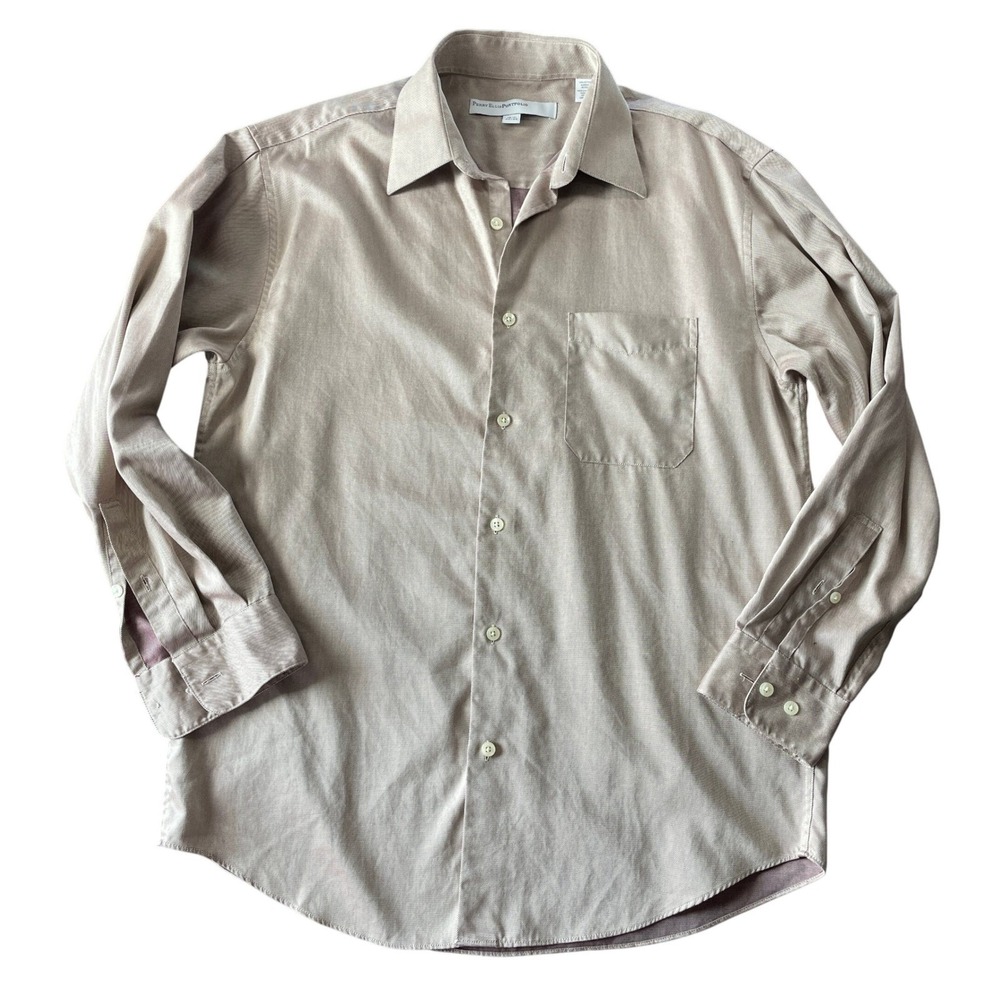 Perry Ellis Portfolio Button Down Shirt Mens 15.5 32/33 Beige Cotton Long Sleeve